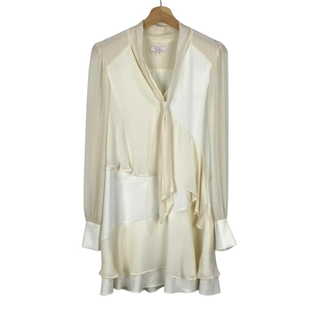 Parker NY Coquette Silk Ruffle Tie Neck Mini Dress Ivory Women's Size Small